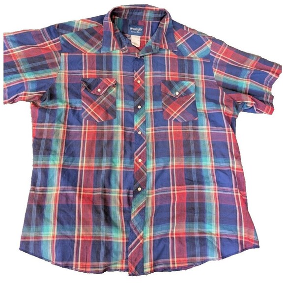 Wrangler Pearl Snap Shirt Mens 3X Blue Plaid Short Sleeve Light Weight - Picture 1 of 8